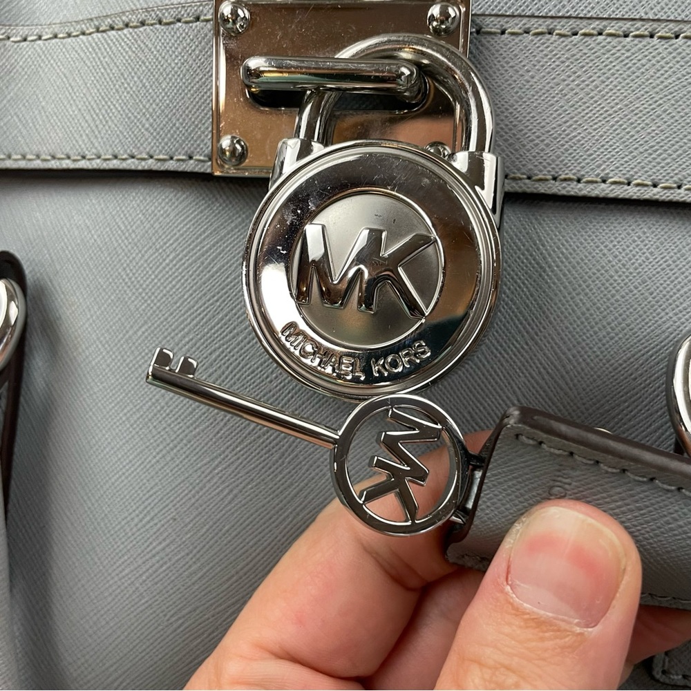 Michael Kors Hamilton Satchel Bag with Silver Chain And Lock Dusty Blue - Picture 6 of 15